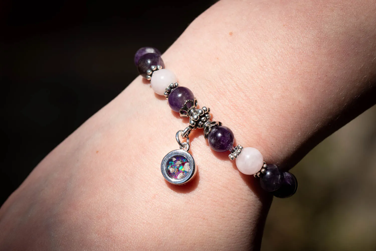 Amethyst and Rose Quartz Healing Bracelet with Cremation Ashes