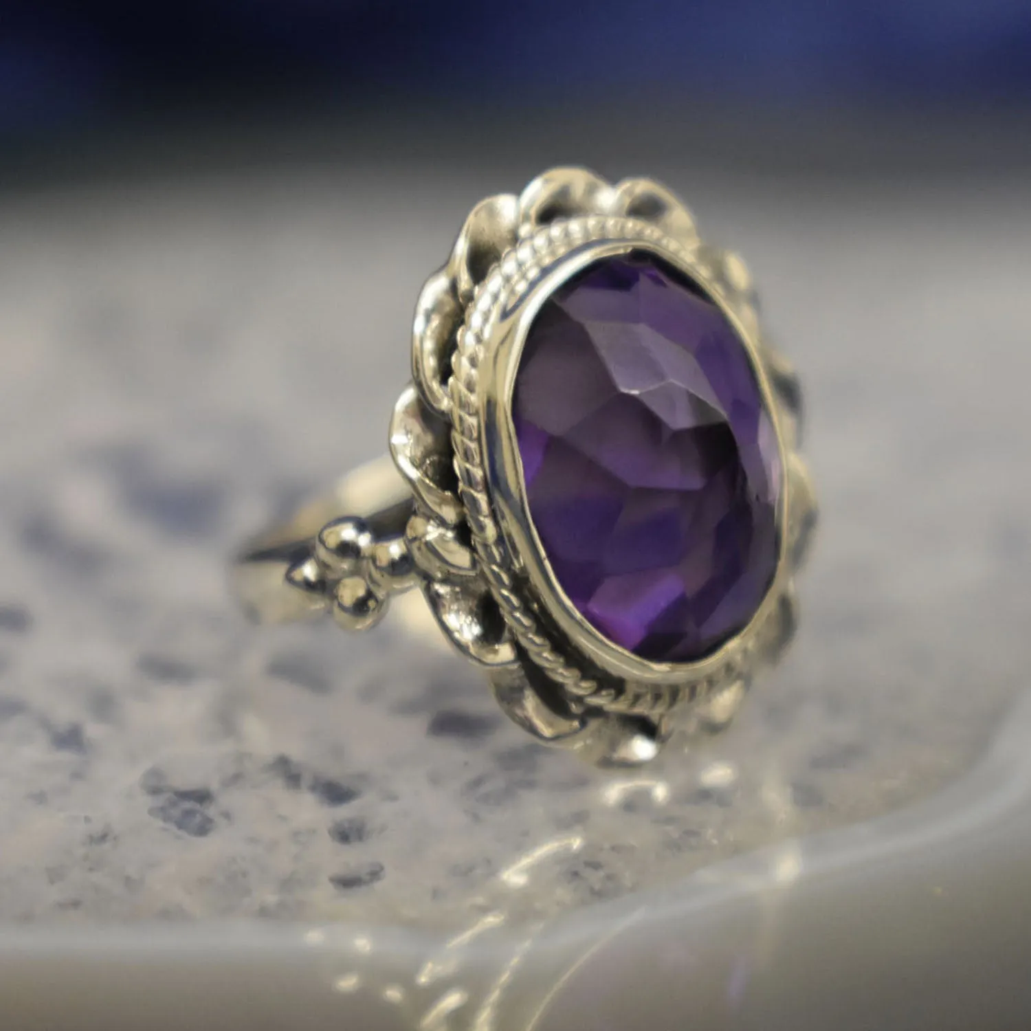 Amethyst Pointed Ring (925) Sterling Silver