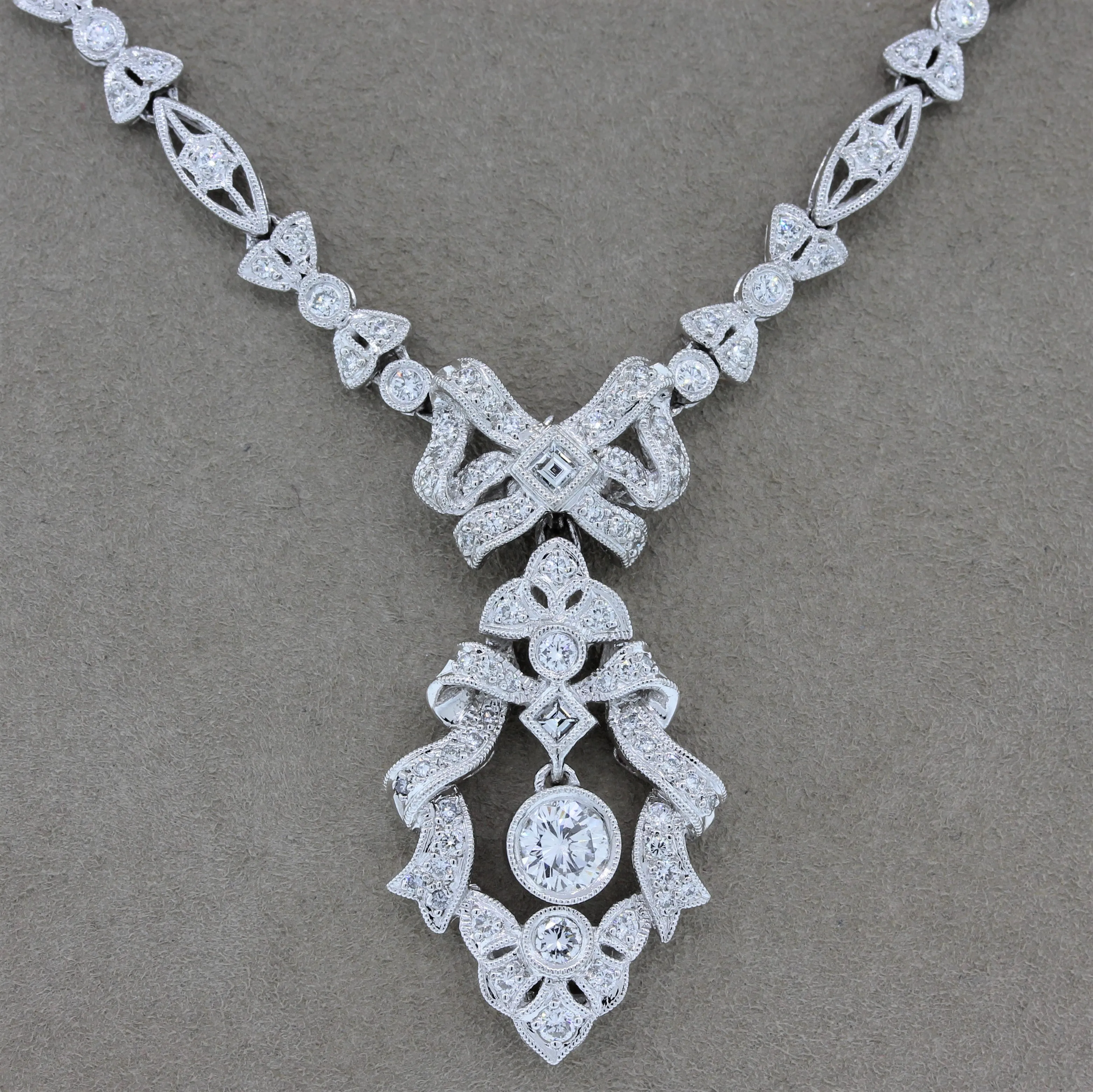 Antique Style Diamond Platinum Filigree Necklace