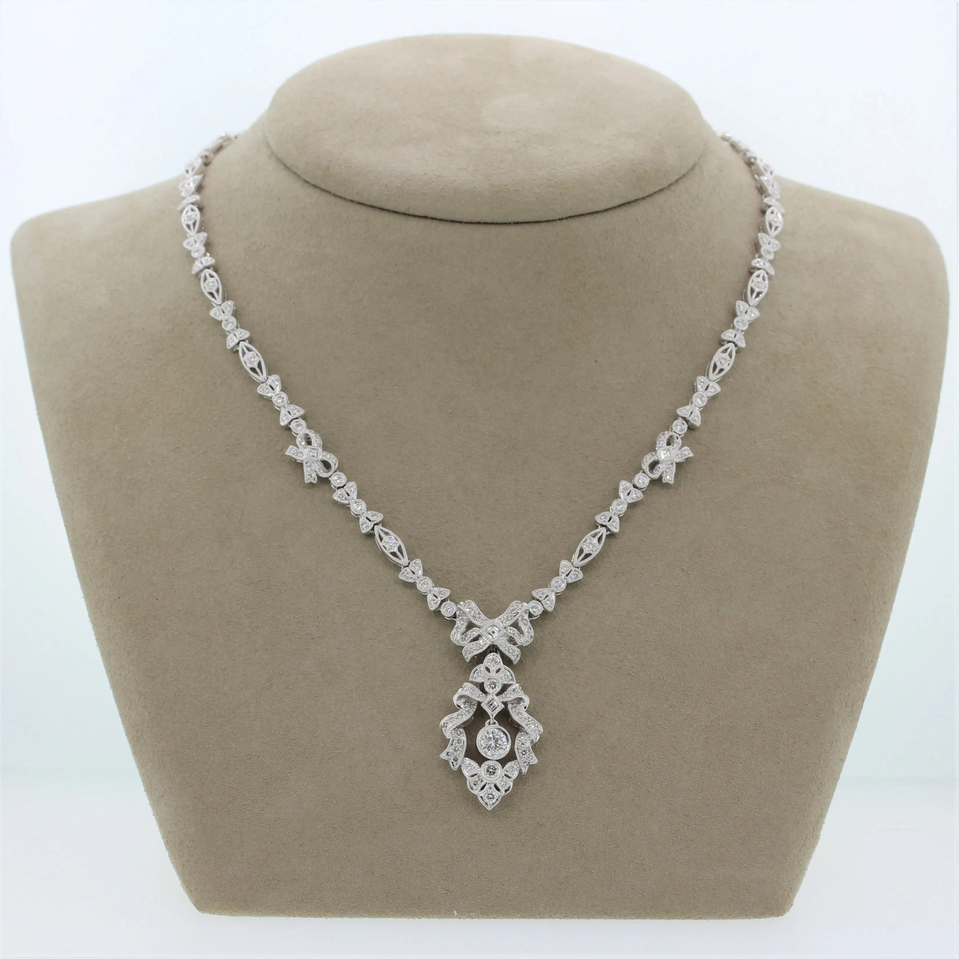 Antique Style Diamond Platinum Filigree Necklace