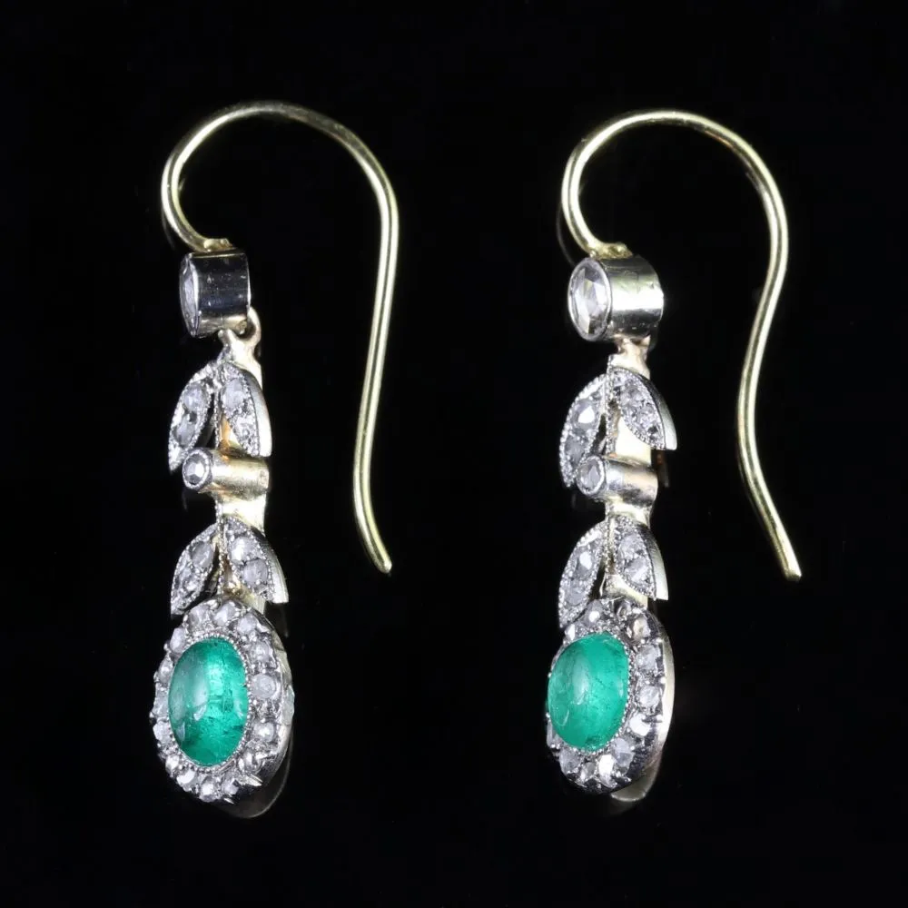 Antique Victorian 18Ct Rose Cut Diamond Cabochon Emerald Dangle Earrings Circa 1900