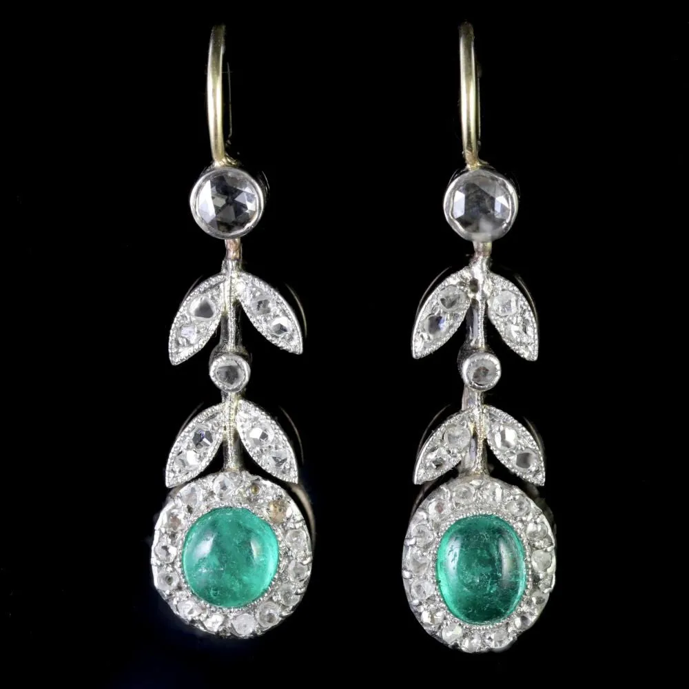 Antique Victorian 18Ct Rose Cut Diamond Cabochon Emerald Dangle Earrings Circa 1900