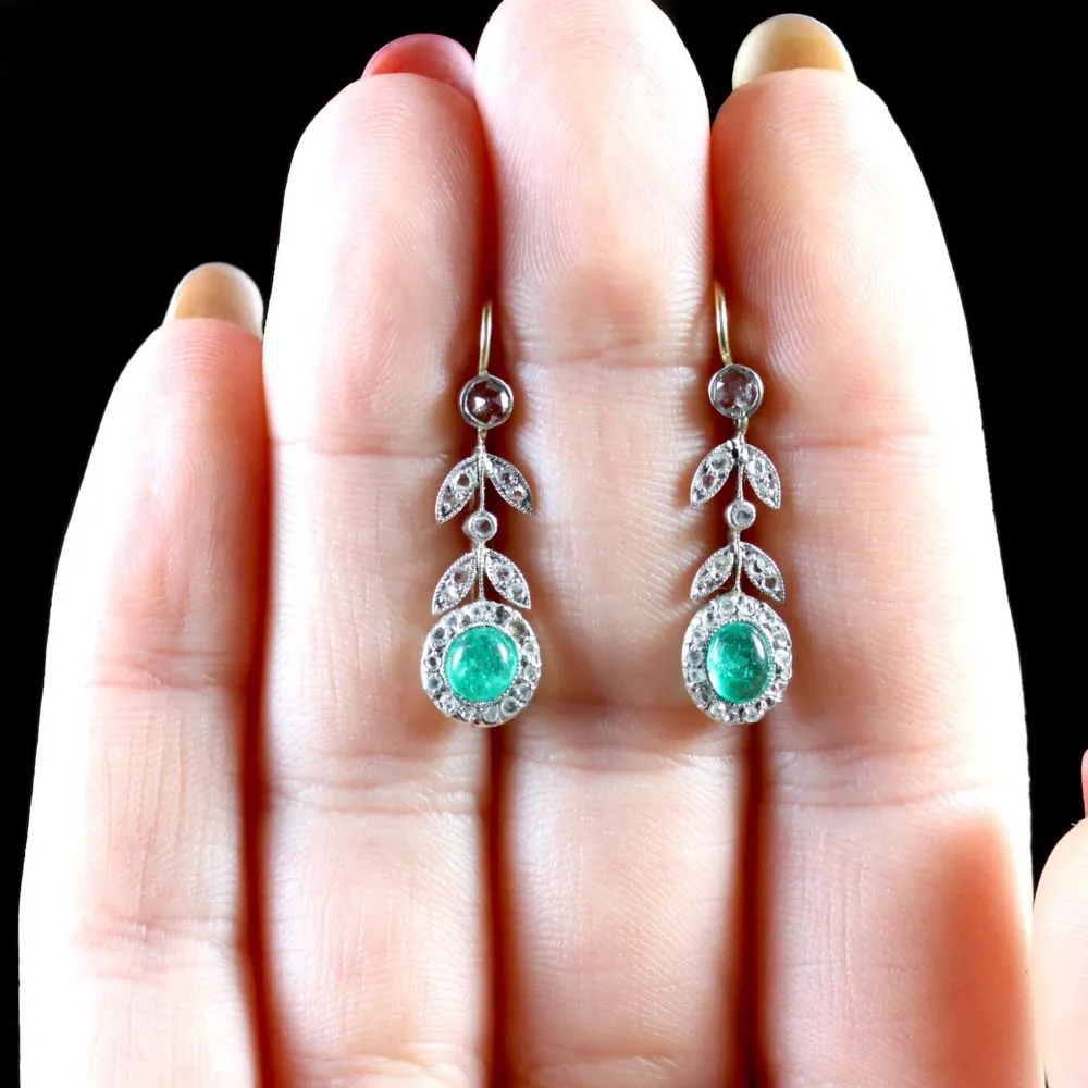 Antique Victorian 18Ct Rose Cut Diamond Cabochon Emerald Dangle Earrings Circa 1900