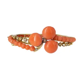 Antique Victorian Coral Trefoil & Pearl Silver Gilt Bangle