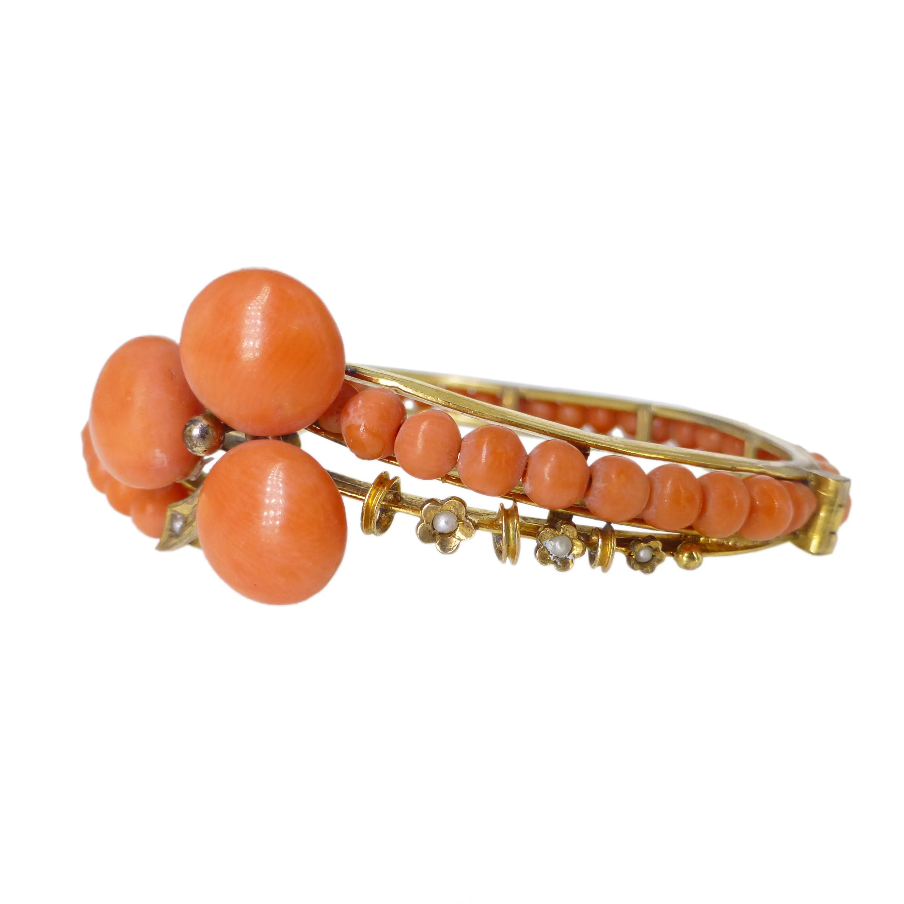 Antique Victorian Coral Trefoil & Pearl Silver Gilt Bangle