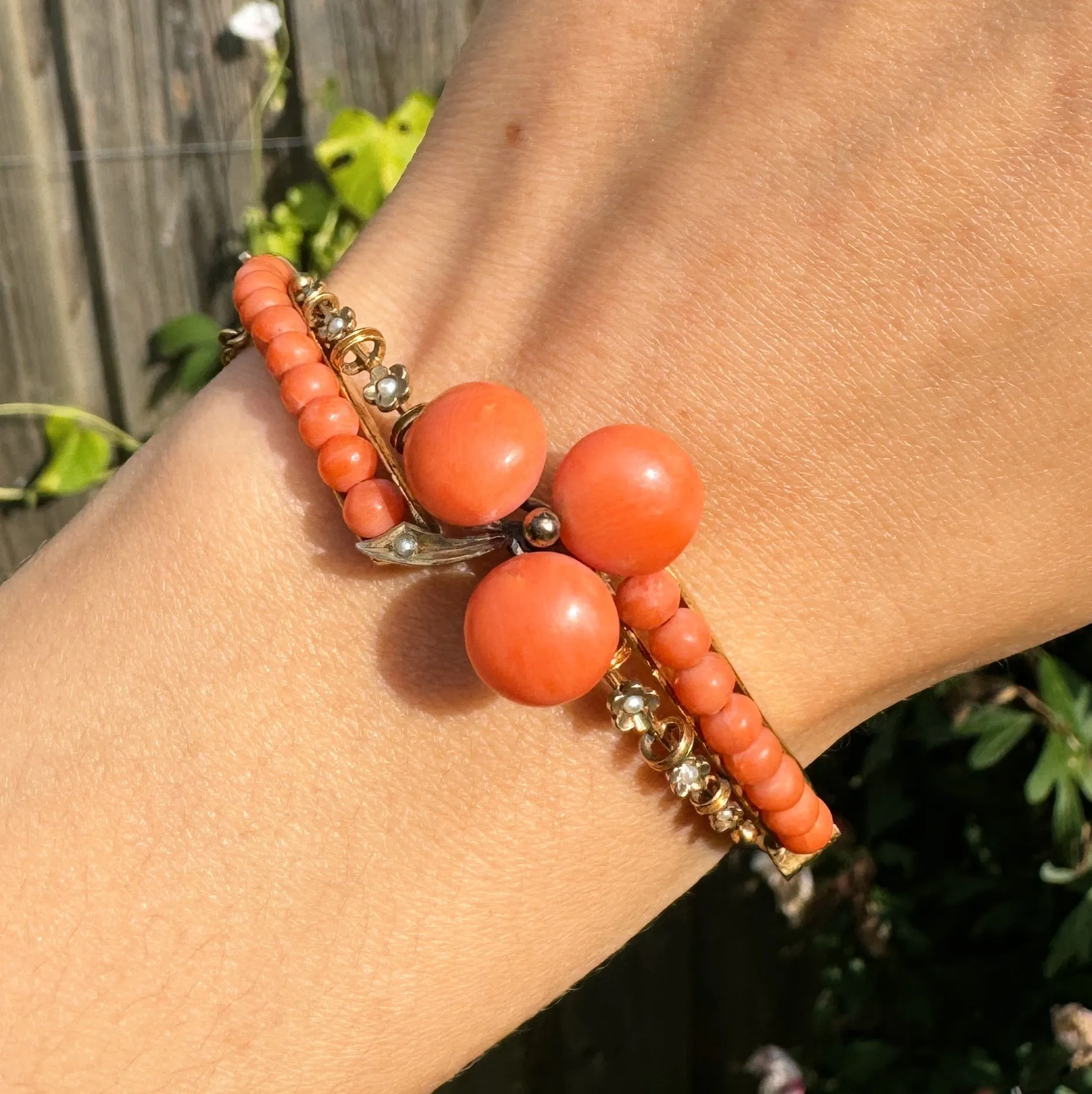 Antique Victorian Coral Trefoil & Pearl Silver Gilt Bangle