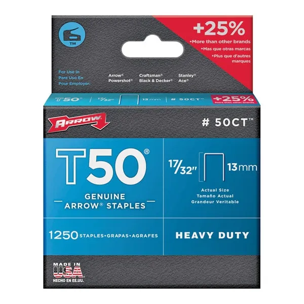 Arrow T50 Series 50CT24 Flat Crown Staple, 3/8 in W Crown, 17/32 in L Leg