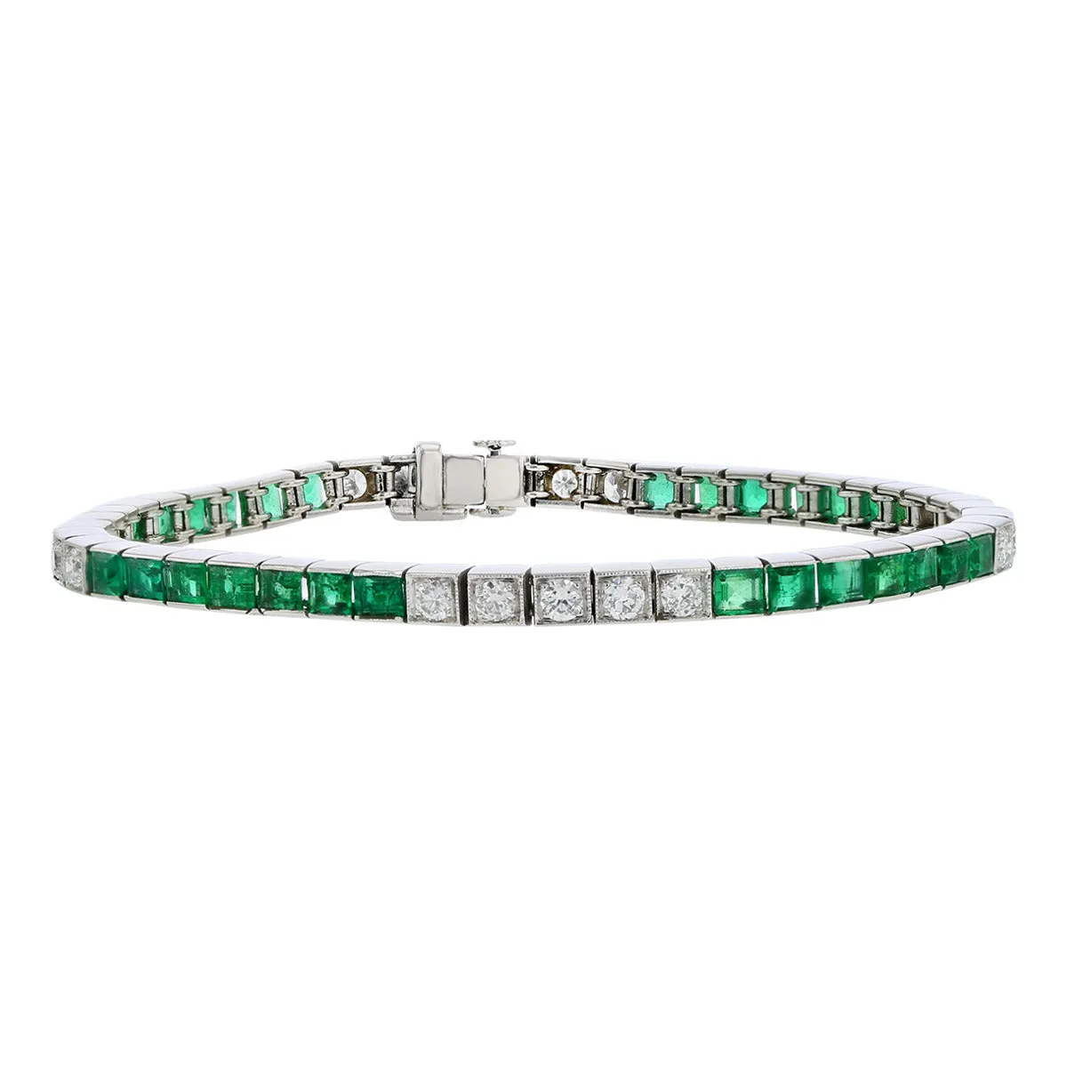 Art Deco Platinum Diamond and Emerald Straight Row Bracelet