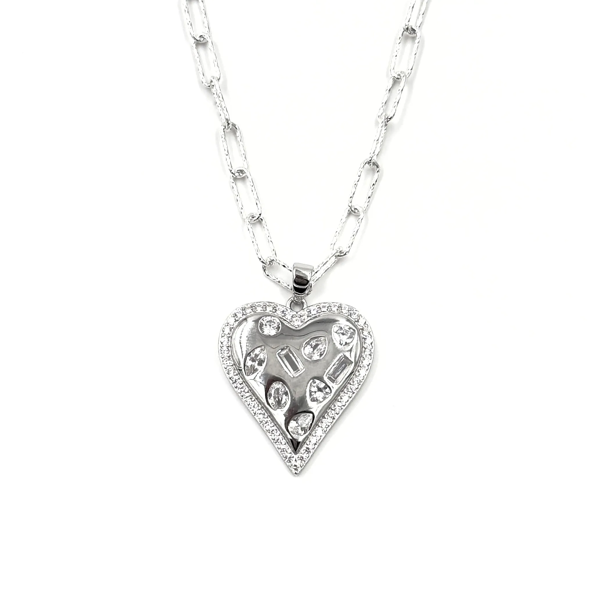 Ashley Gold Sterling Silver Multi-Shaped CZ Heart And Diamond Cut Chain Necklace