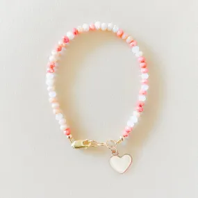 Baby Bracelet - Pink Coral Mix with White Heart Charm