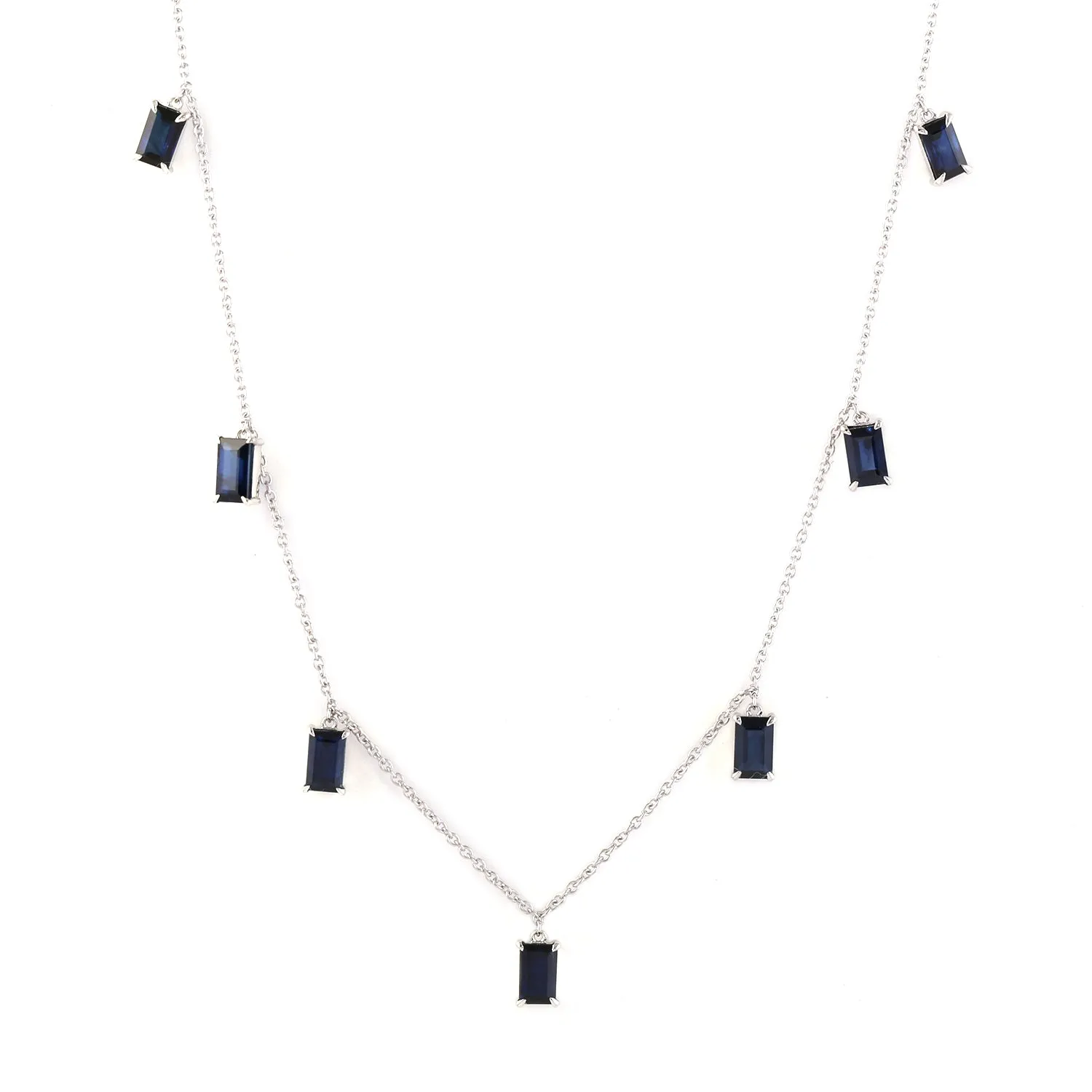 Baguette Blue Sapphire Beautiful Station Princess Necklace In 18k White Gold