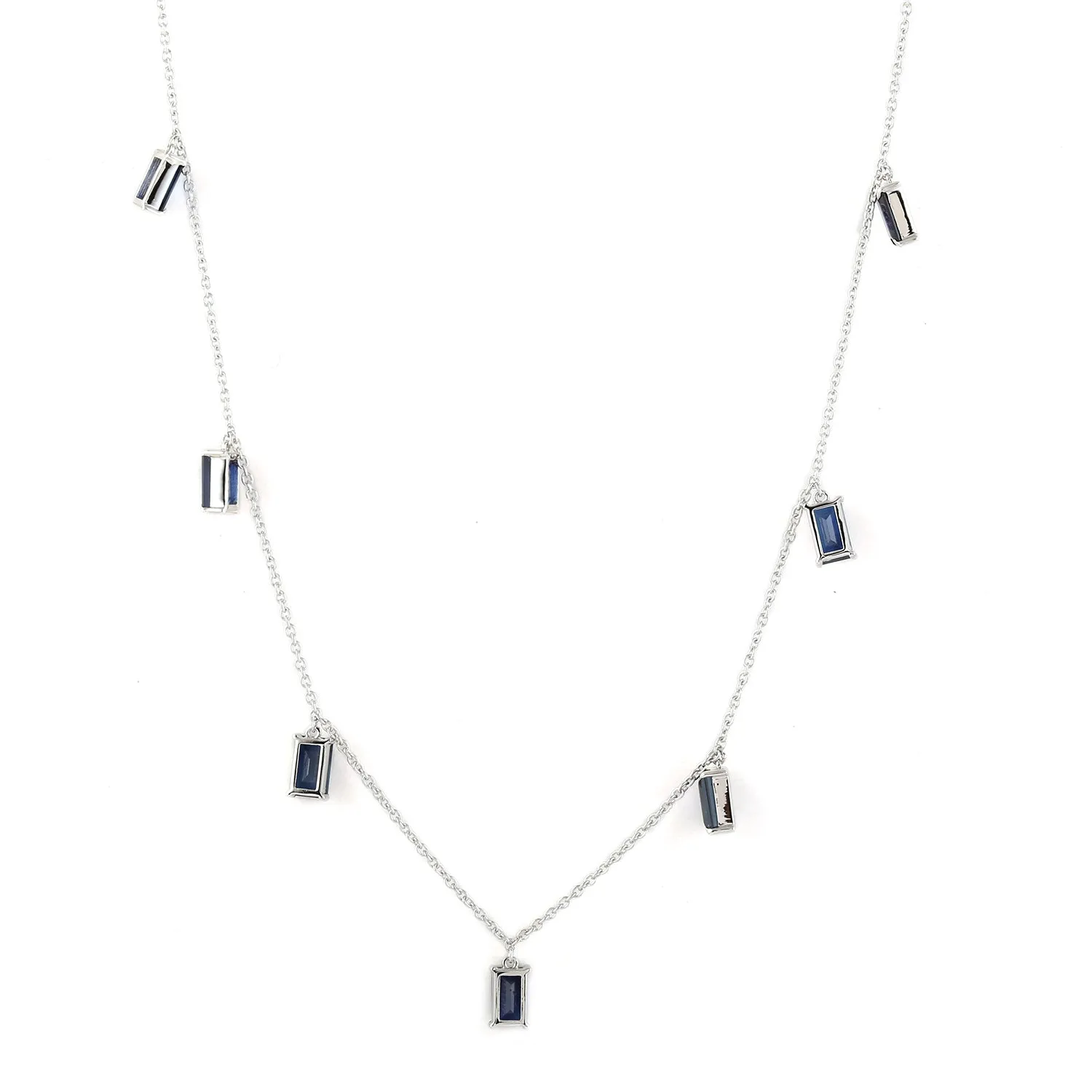 Baguette Blue Sapphire Beautiful Station Princess Necklace In 18k White Gold