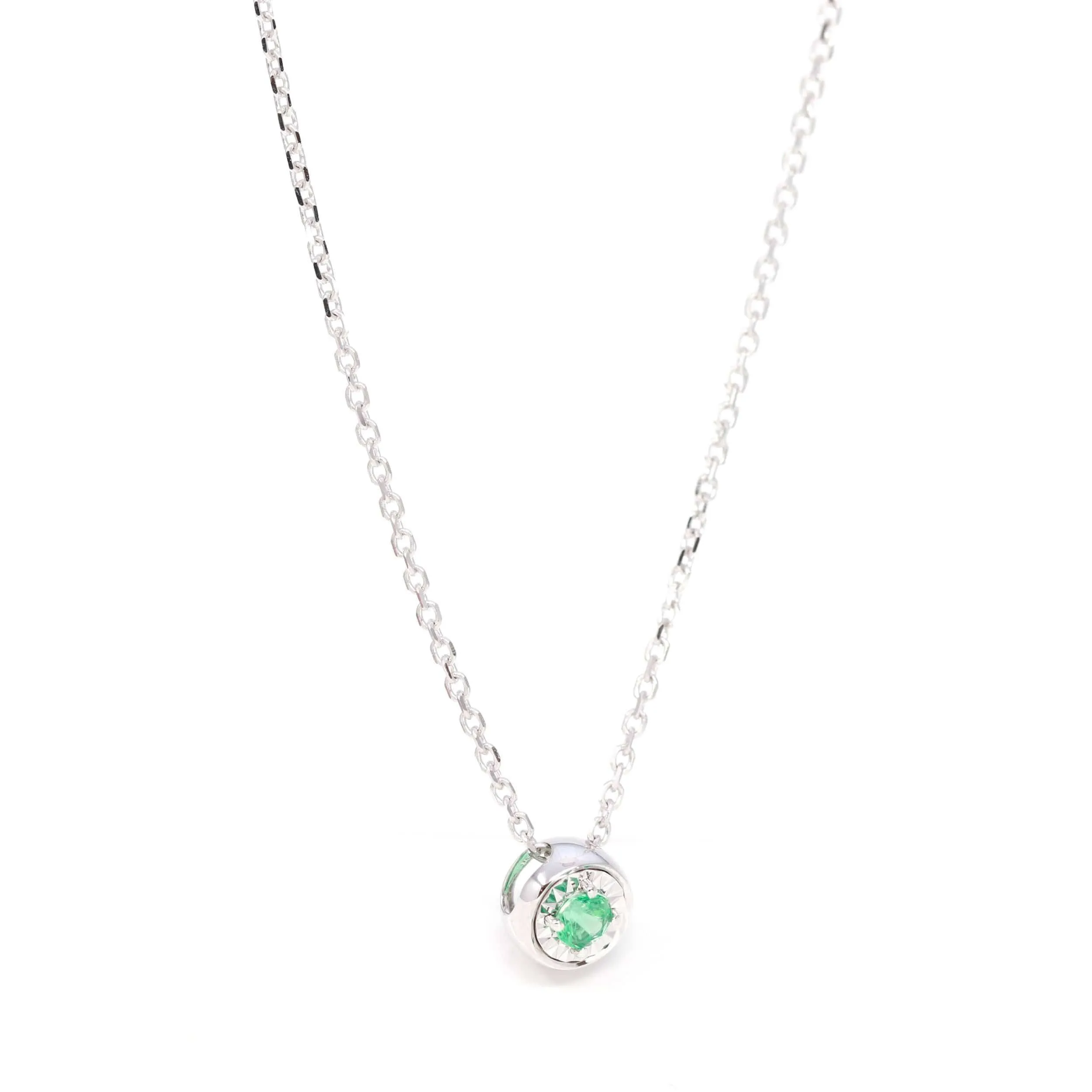 Baikalla™ 14k White Gold Emerald Round 4 Prong Set Necklace With Diamond-Cut Halo