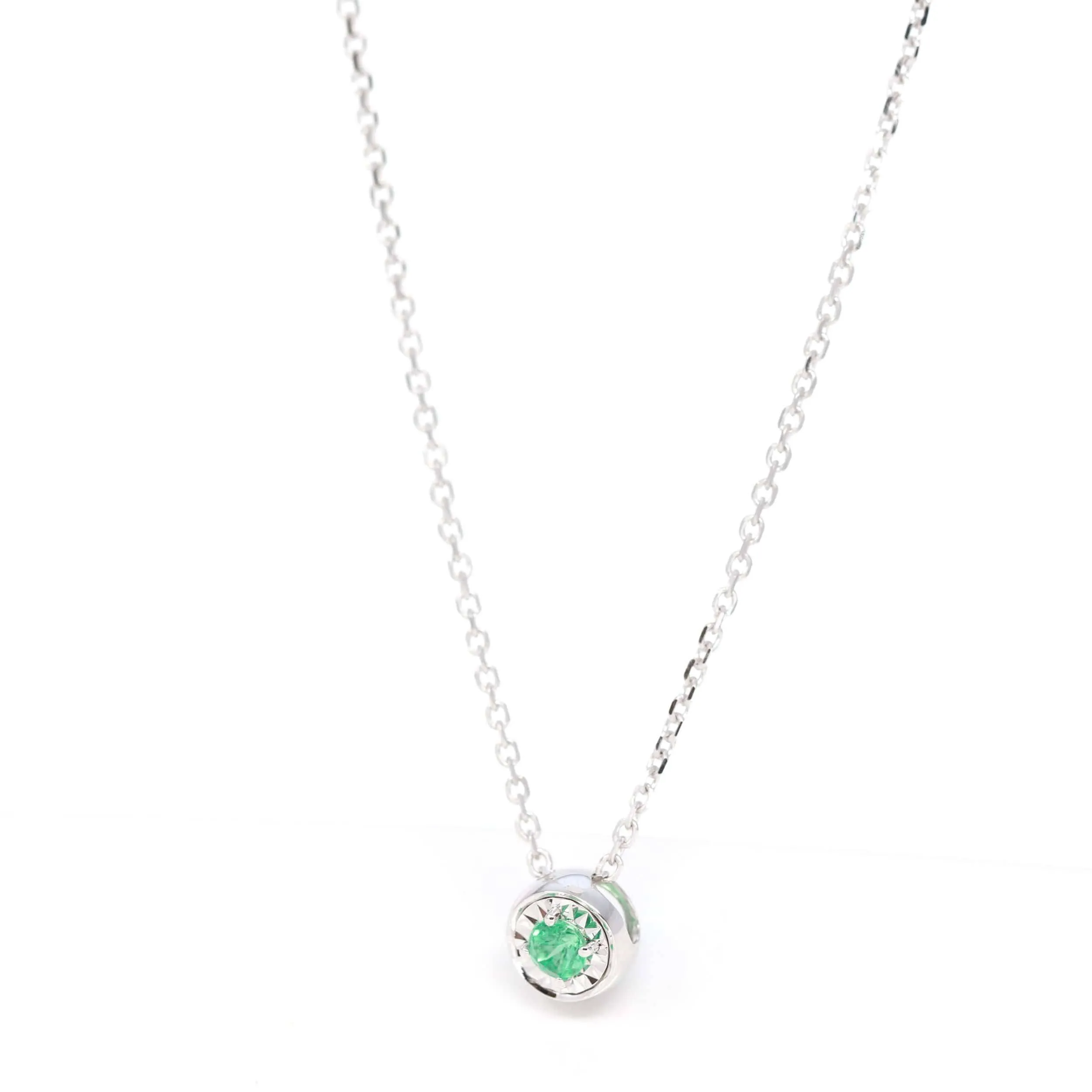 Baikalla™ 14k White Gold Emerald Round 4 Prong Set Necklace With Diamond-Cut Halo