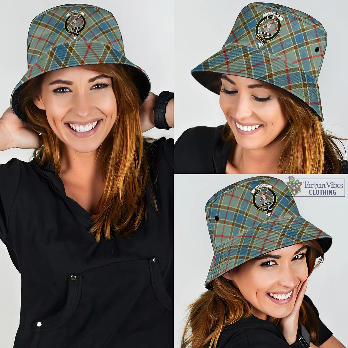 Balfour Blue Tartan Bucket Hat with Family Crest