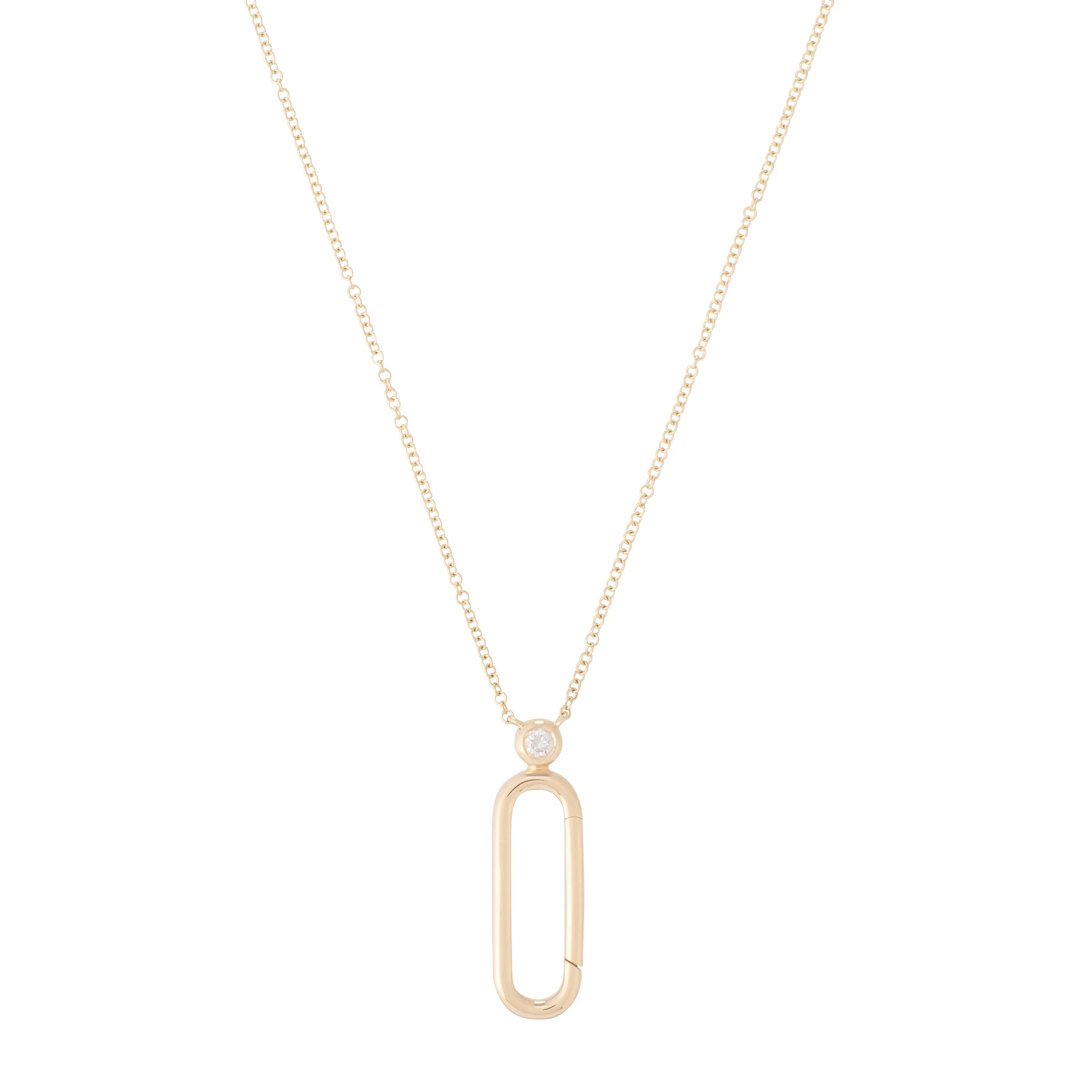 Bezel Diamond and Solid Gold Single Paper Clip Link Carabiner Necklace