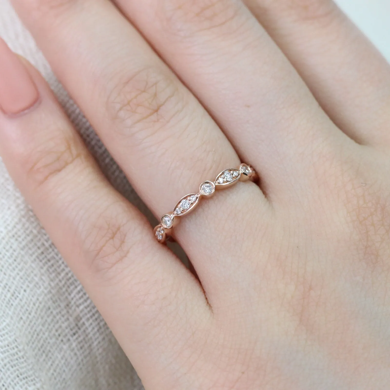 Bezel Diamond Wedding Ring in Scalloped Half Eternity Band