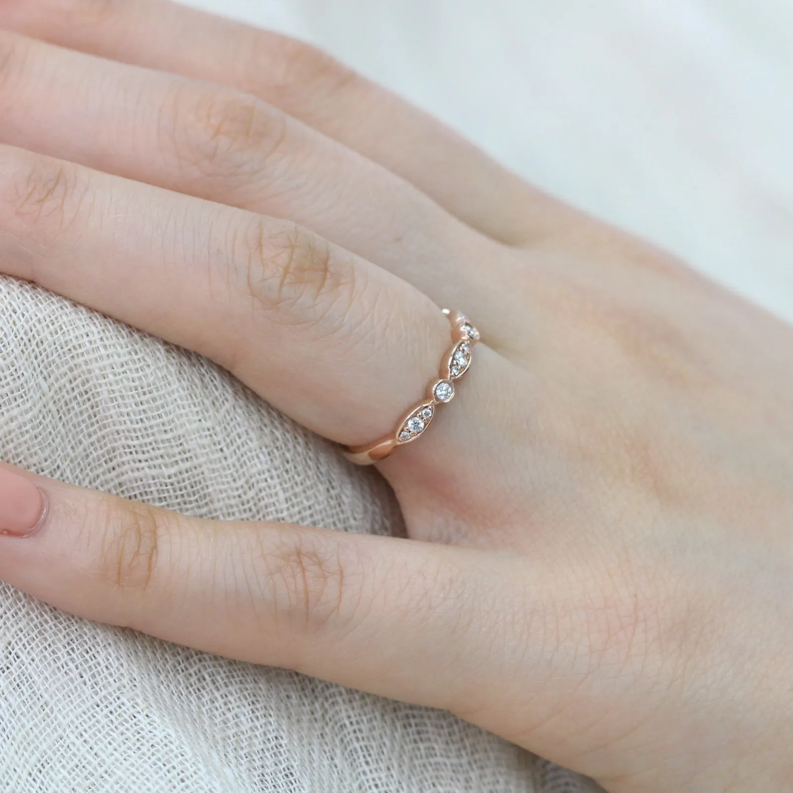 Bezel Diamond Wedding Ring in Scalloped Half Eternity Band