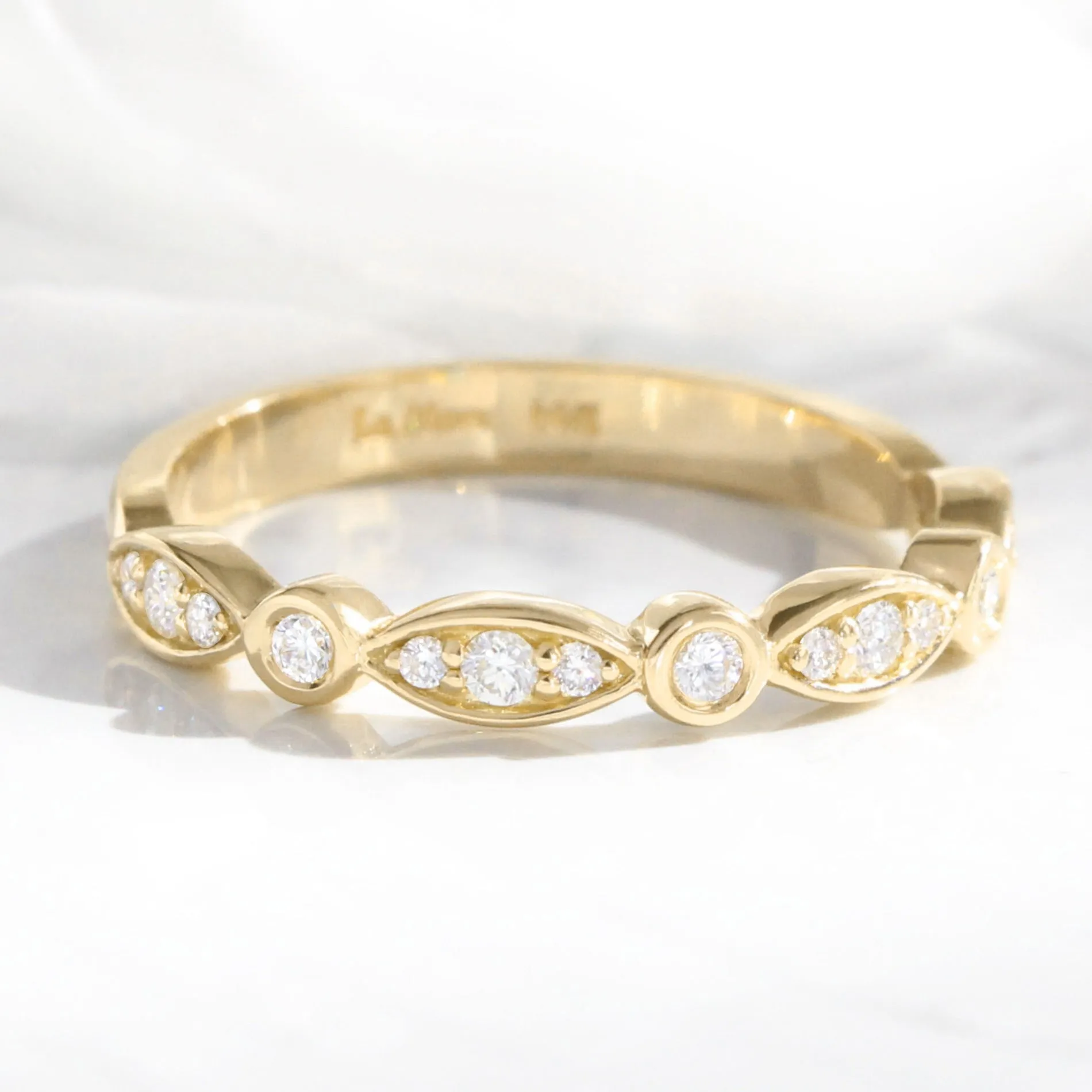 Bezel Diamond Wedding Ring in Scalloped Half Eternity Band