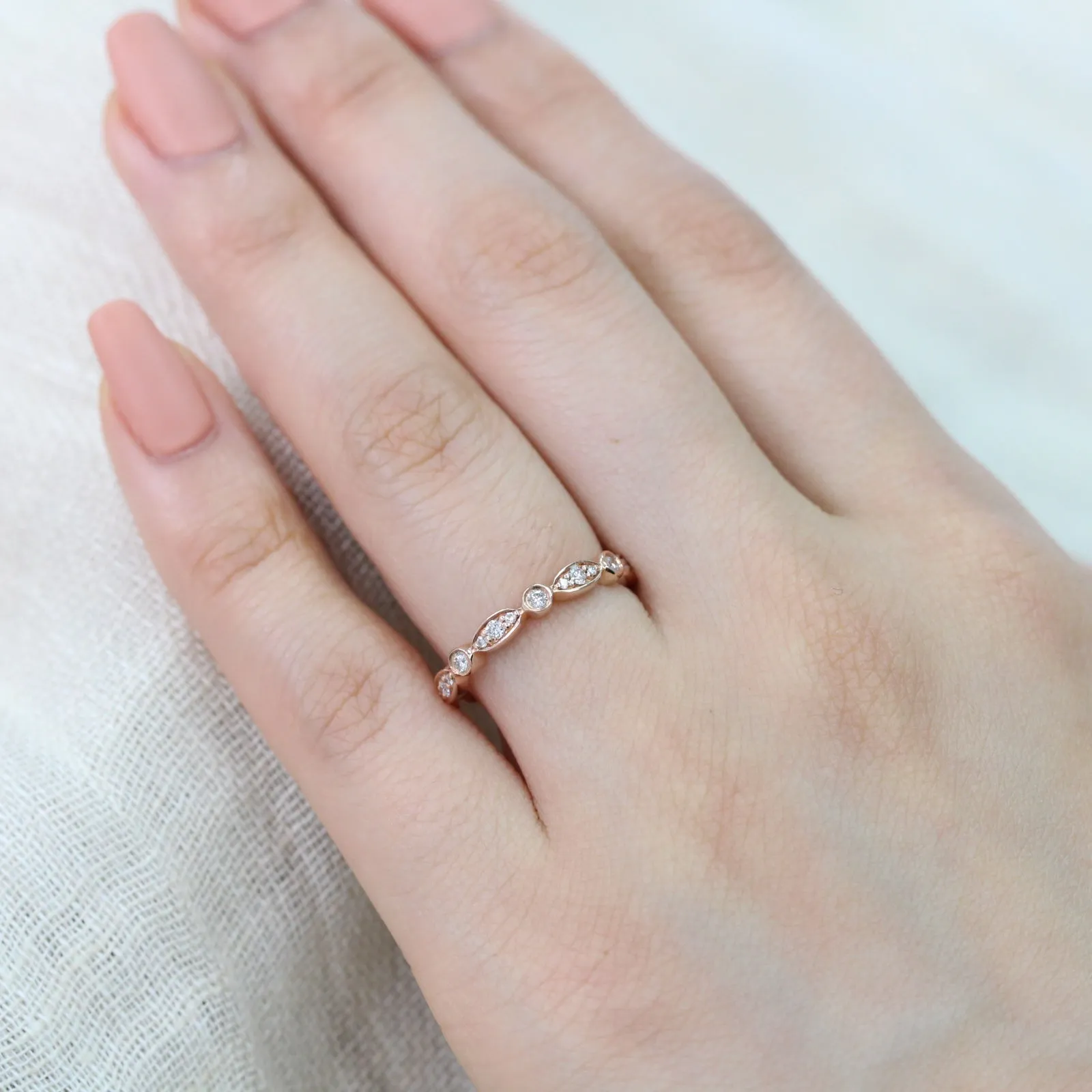 Bezel Diamond Wedding Ring in Scalloped Half Eternity Band