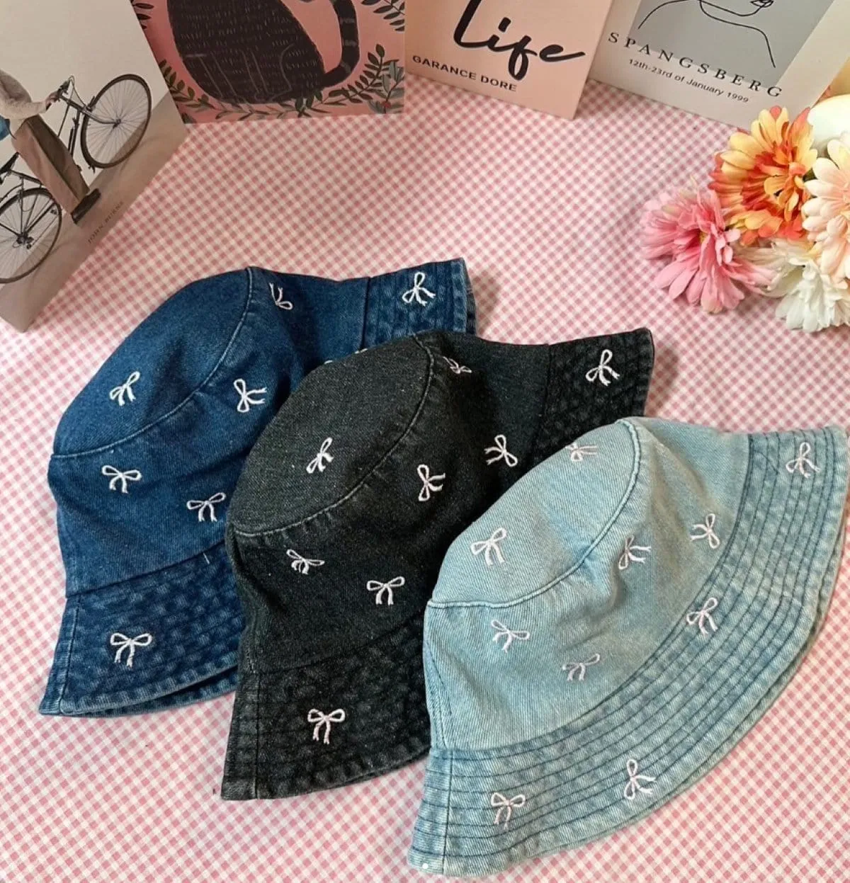 BHU410226 Embroidered Bow Denim Bucket Hat