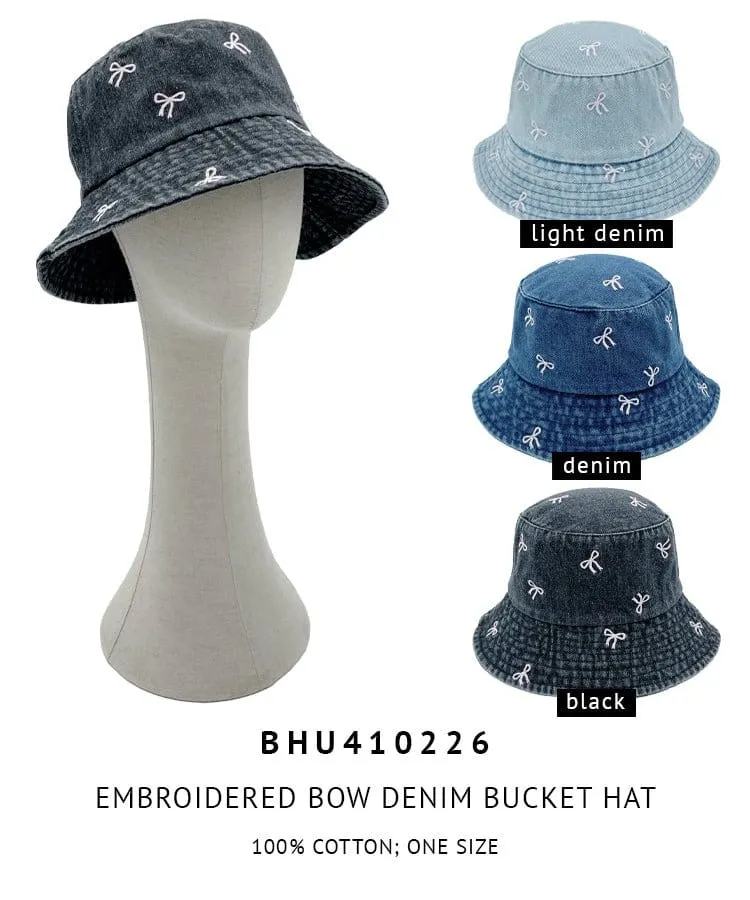 BHU410226 Embroidered Bow Denim Bucket Hat