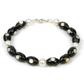 Black Coral and Hand Inlaid Silver and Mother of Pearl Bracelet with Sterling Silver Trigger Clasp