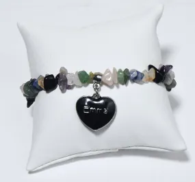 Black Enamel "Emma" Heart Charm on Gemstone Chip Bead Stretch Bracelet