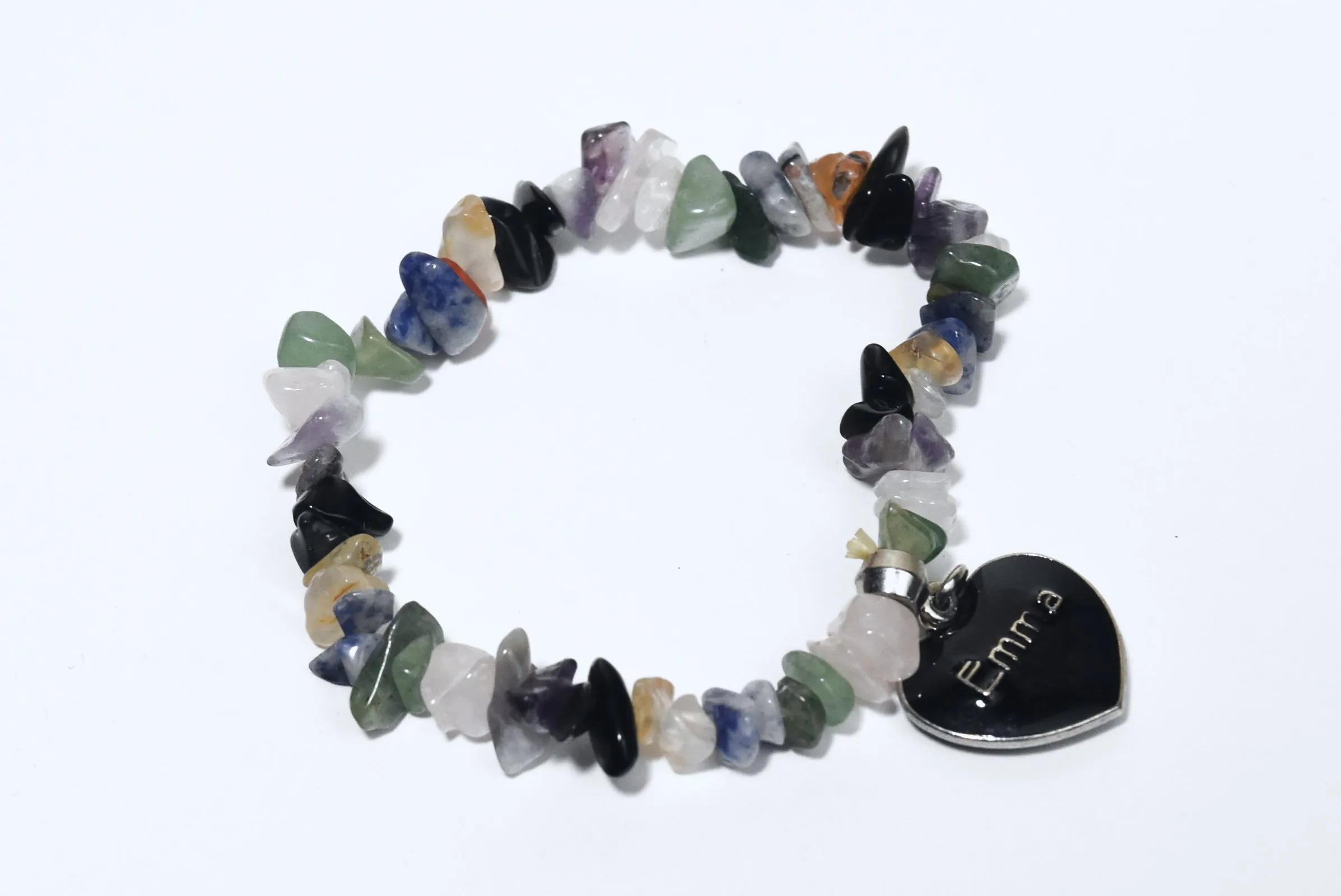 Black Enamel "Emma" Heart Charm on Gemstone Chip Bead Stretch Bracelet