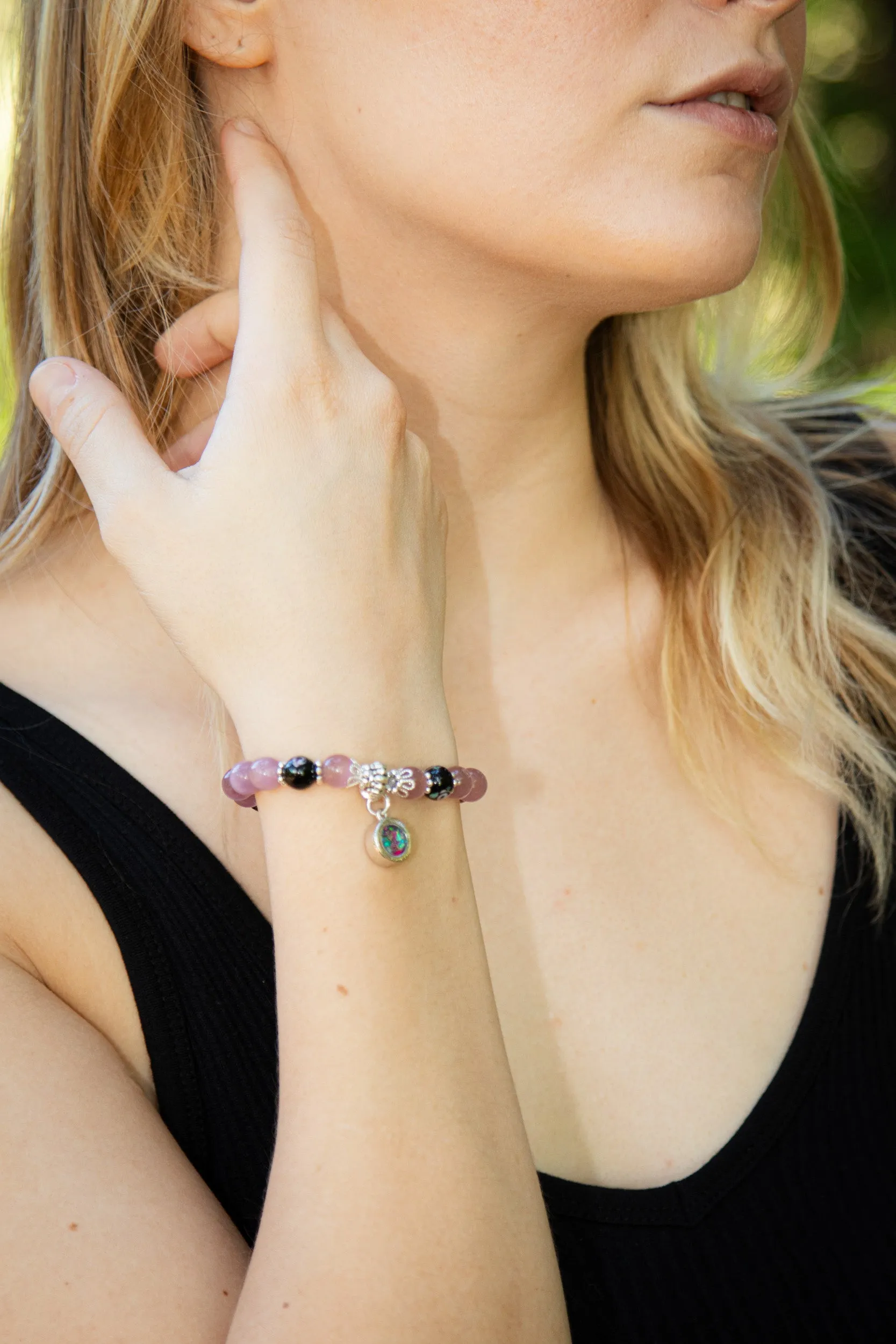 Black Flower and Glass Healing Bracelet with Cremation Ashes