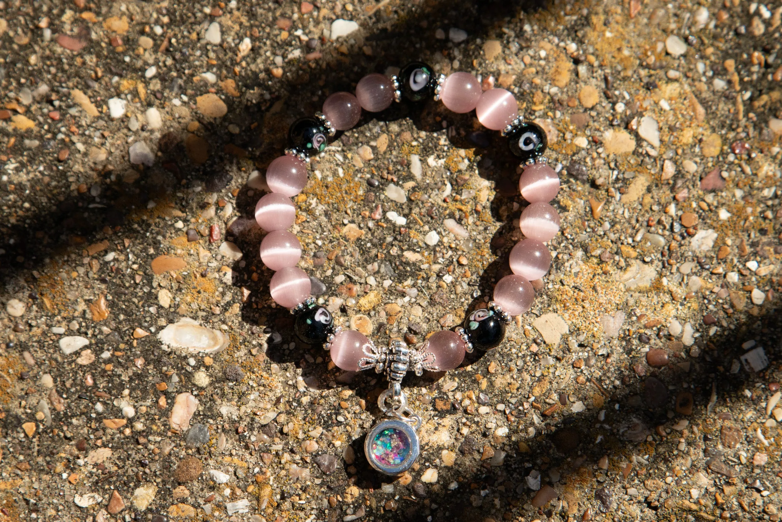 Black Flower and Glass Healing Bracelet with Cremation Ashes