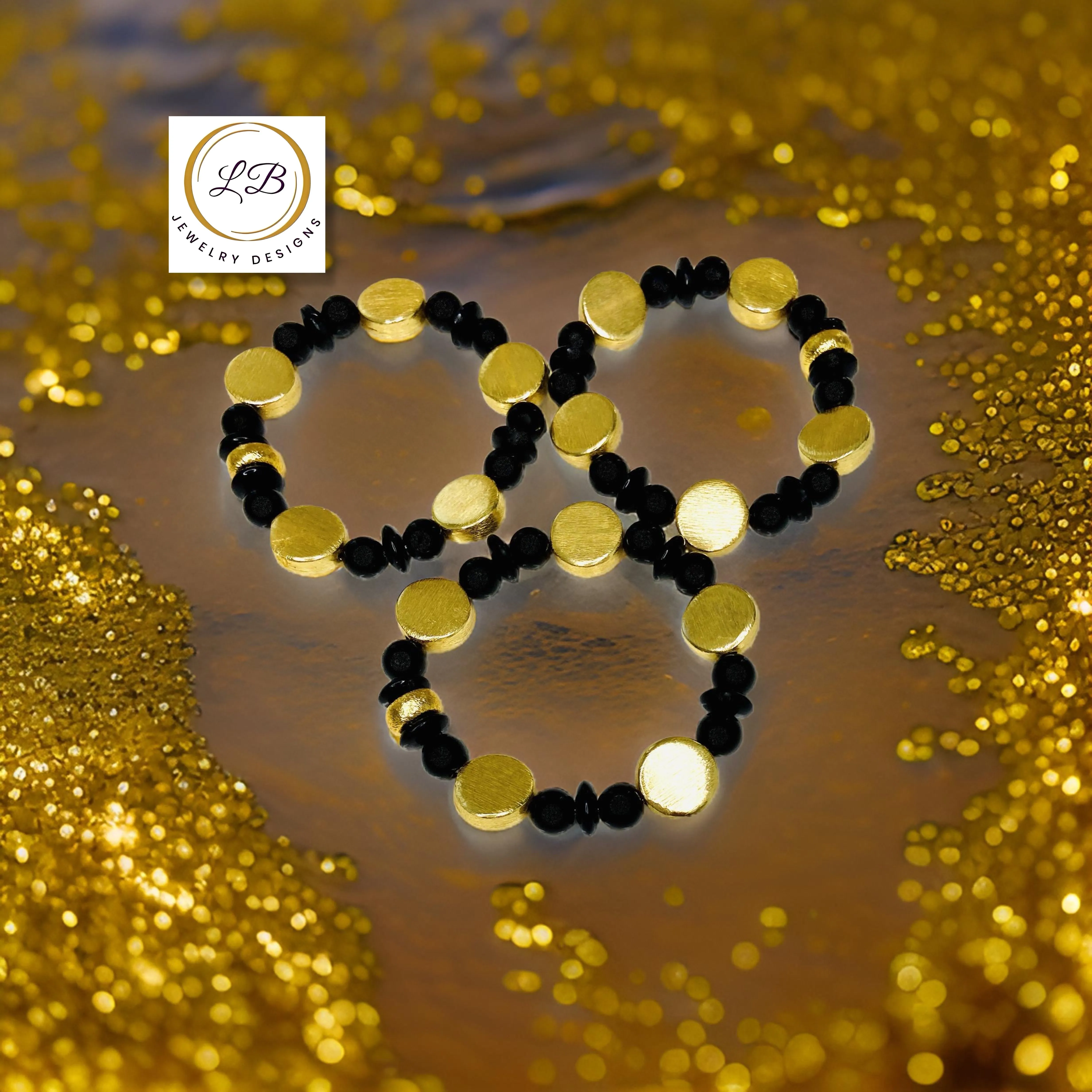 Black Onyx Gemstone Brushed Gold Vermeil Beaded Bracelet