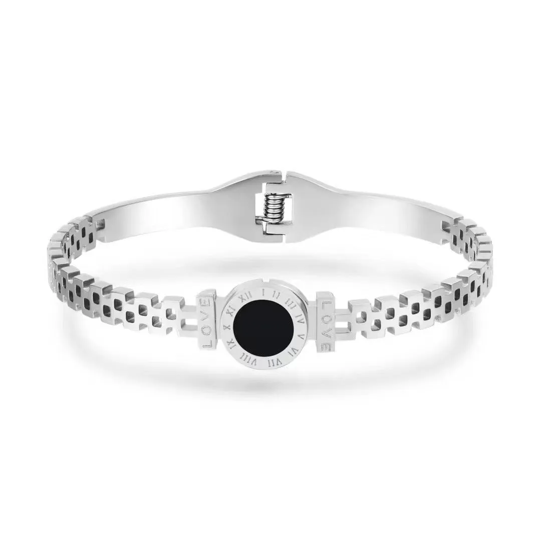 Black Onyx Roman Numeral Cuff Bangle Bracelet Stainless Steel, 17cm