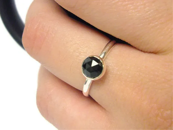 Black spinel ring sterling silver • Rose cut faceted stone