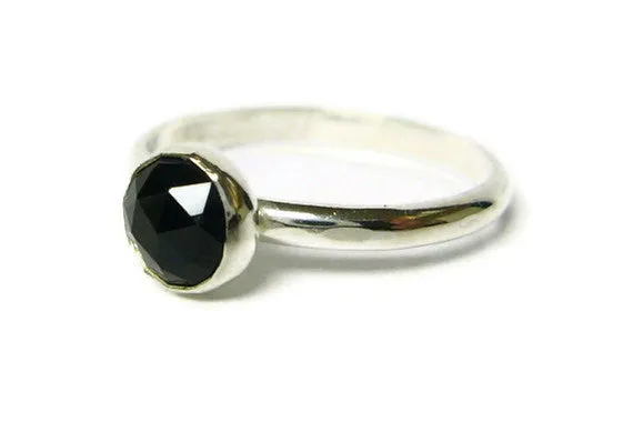 Black spinel ring sterling silver • Rose cut faceted stone