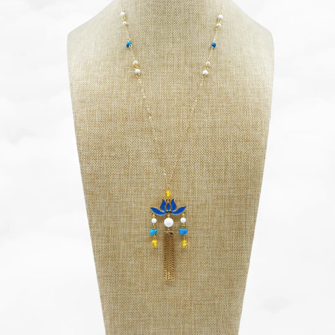 Blue Enamel Lotus Long Necklace