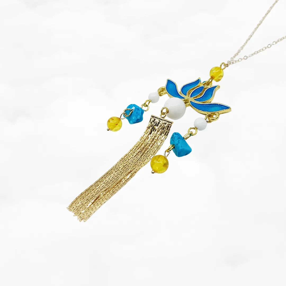 Blue Enamel Lotus Long Necklace