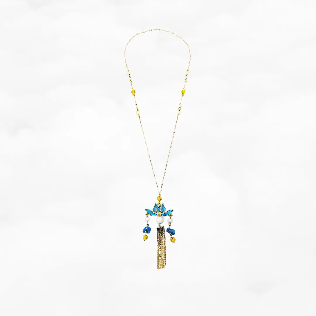 Blue Enamel Lotus Long Necklace