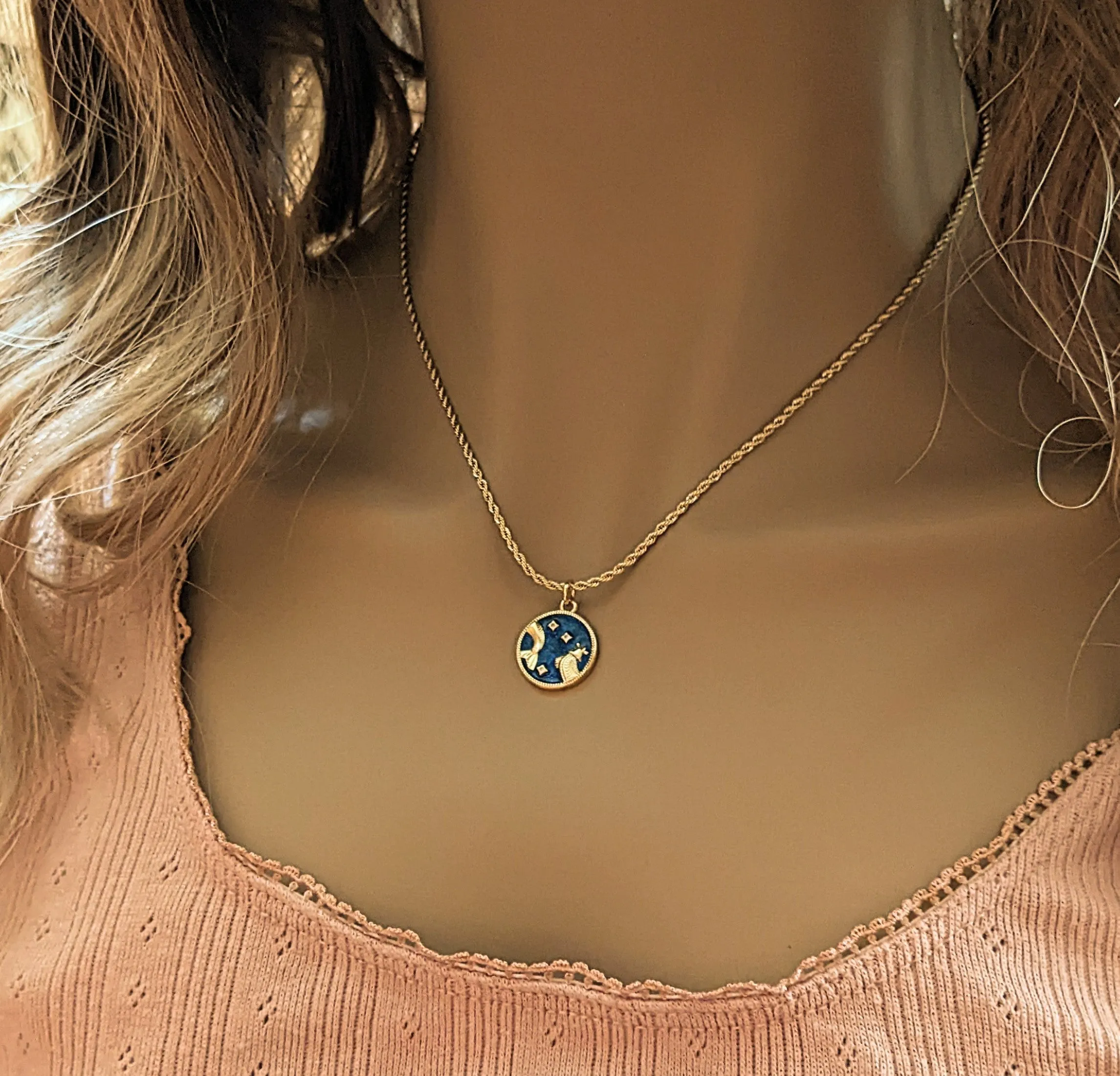 Blue Enamel Zodiac Pendant Necklace - 20 inches