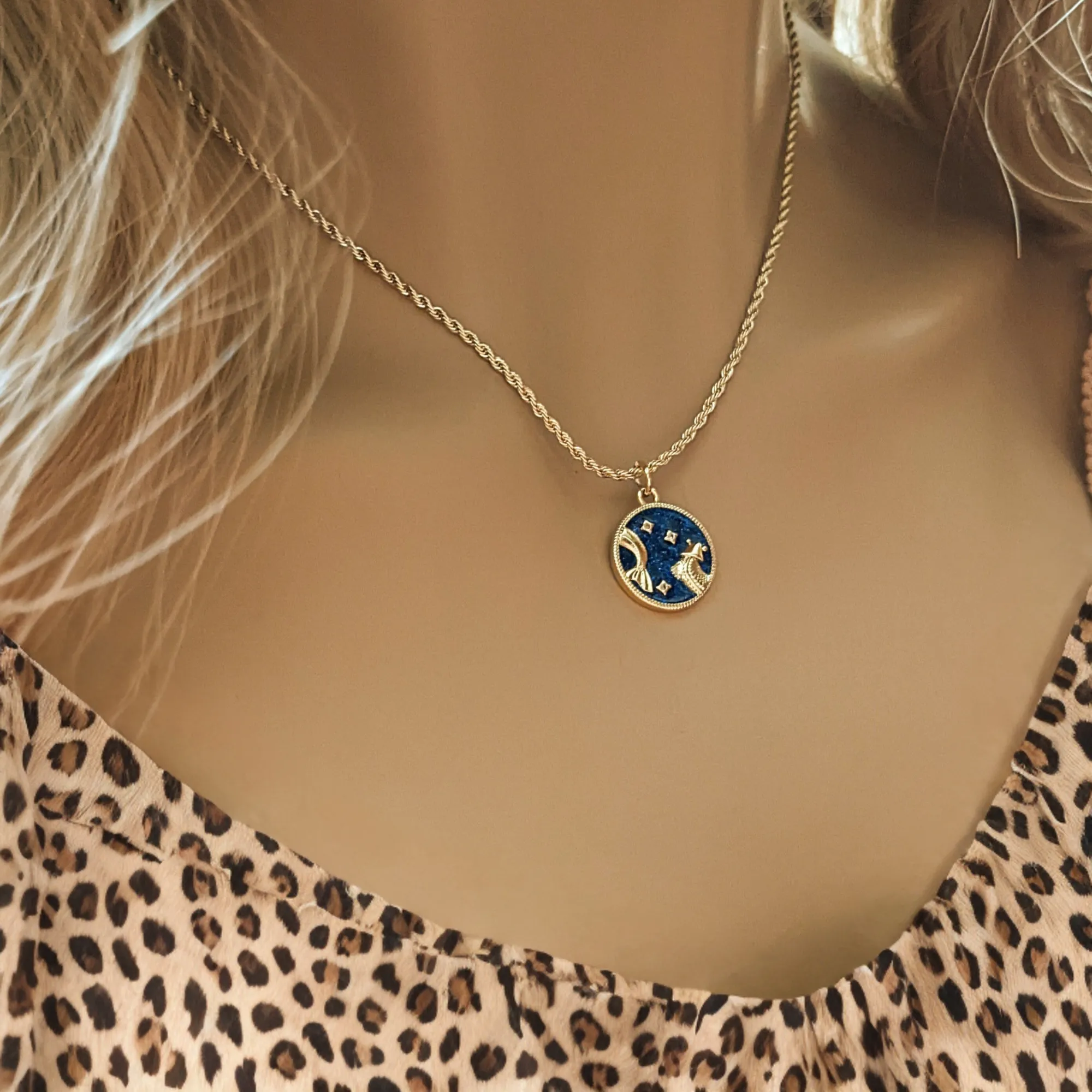 Blue Enamel Zodiac Pendant Necklace - 20 inches