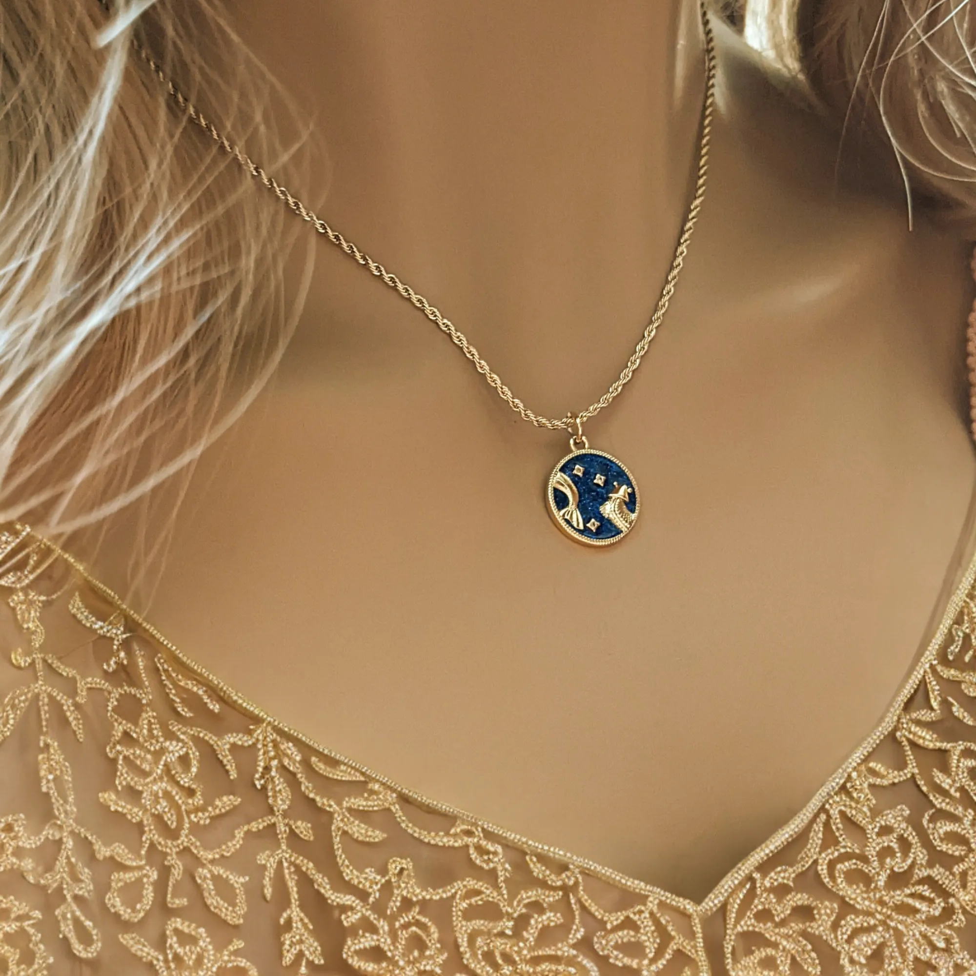 Blue Enamel Zodiac Pendant Necklace - 20 inches