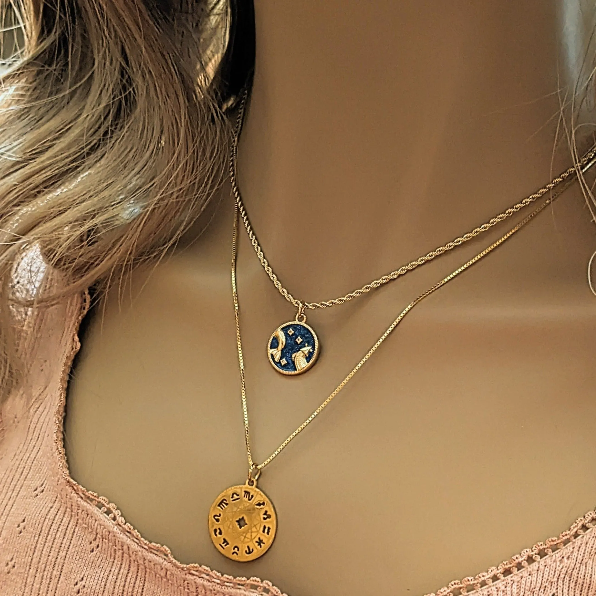 Blue Enamel Zodiac Pendant Necklace - 20 inches