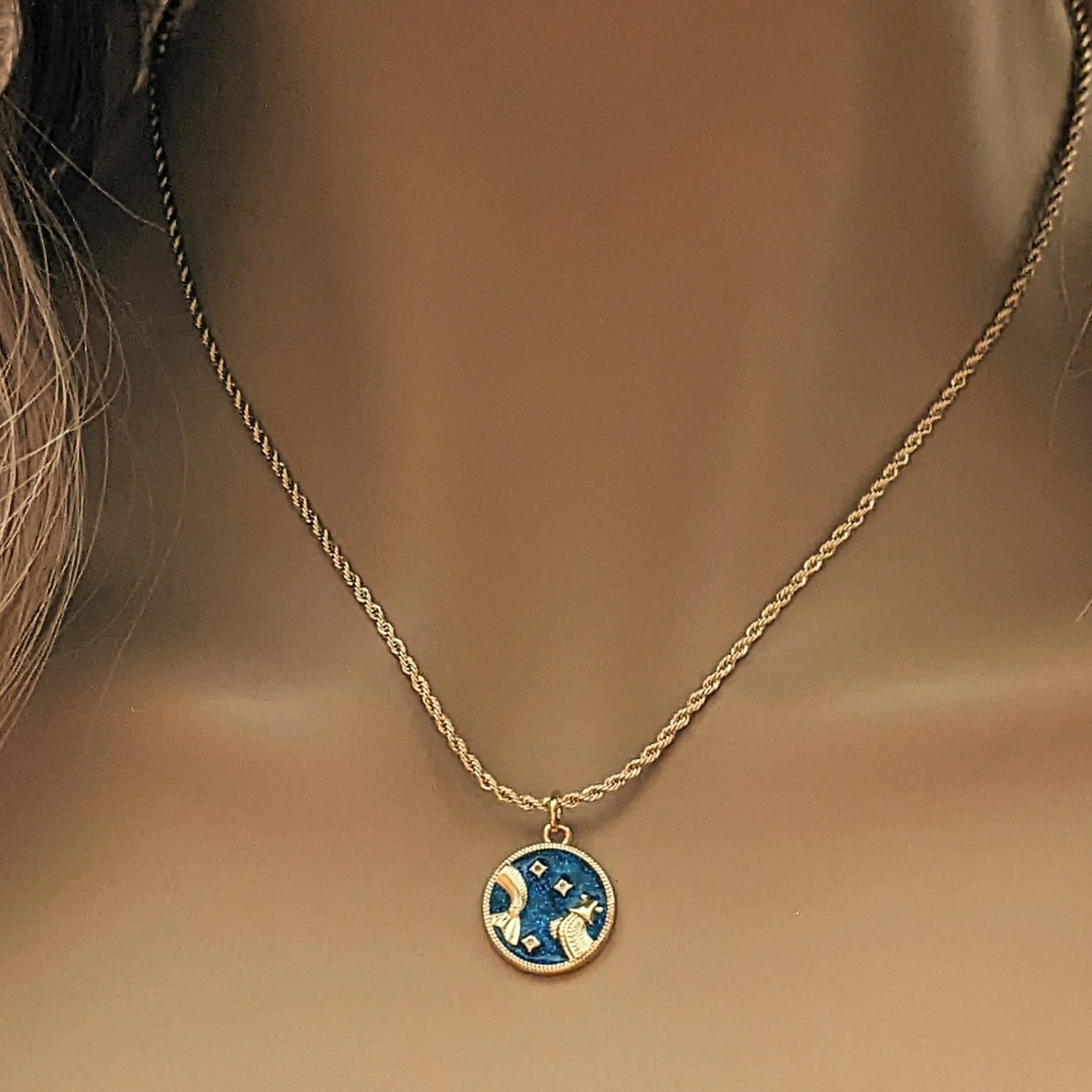 Blue Enamel Zodiac Pendant Necklace - 20 inches