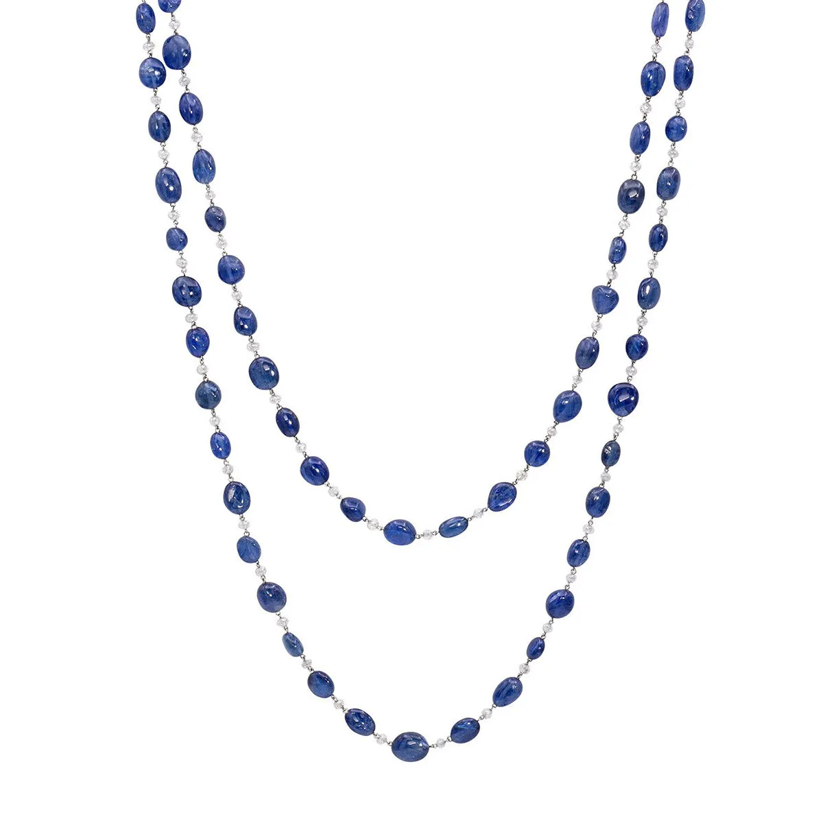 Blue Sapphire Beads and Briolette Diamond Necklace