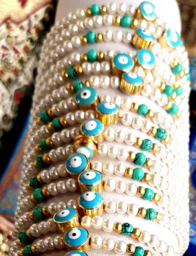 Bluenoemi Pearls and Turquoises Beads and Evil Eyes Bracelet Souvenir