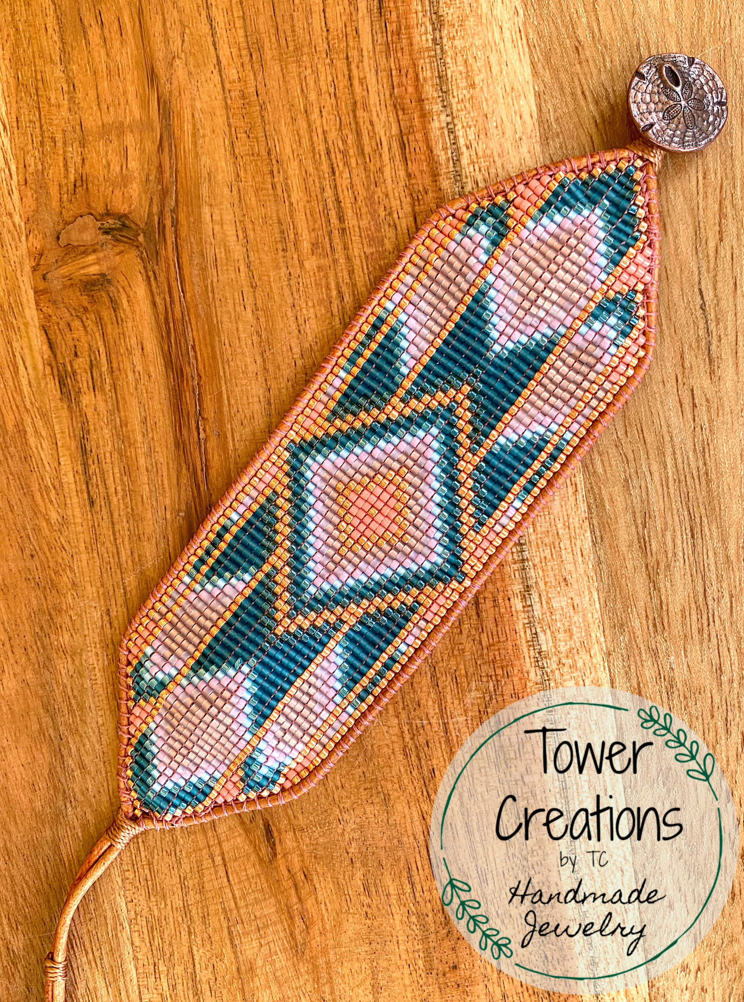 Blush and Teal Southwestern Bead Loom Woven Wide Beaded Cuff Bracelet