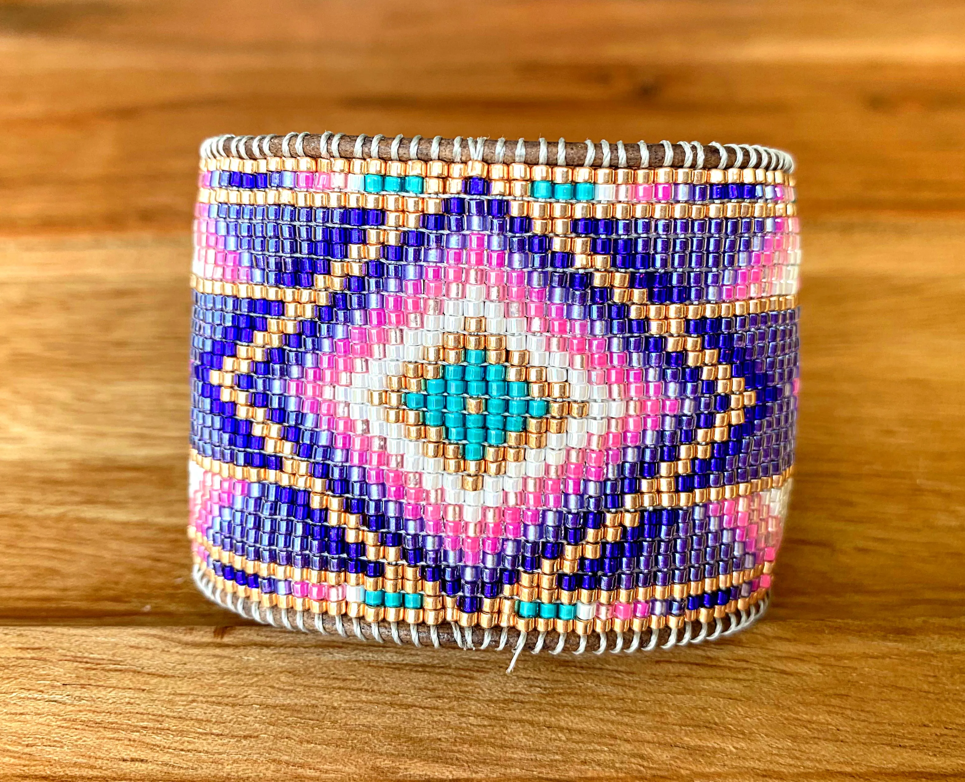 Blush and Teal Southwestern Bead Loom Woven Wide Beaded Cuff Bracelet