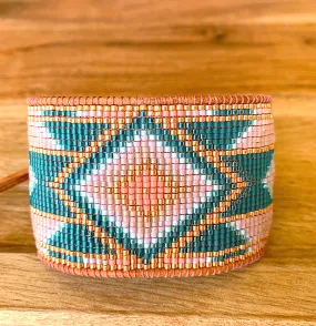 Blush and Teal Southwestern Bead Loom Woven Wide Beaded Cuff Bracelet