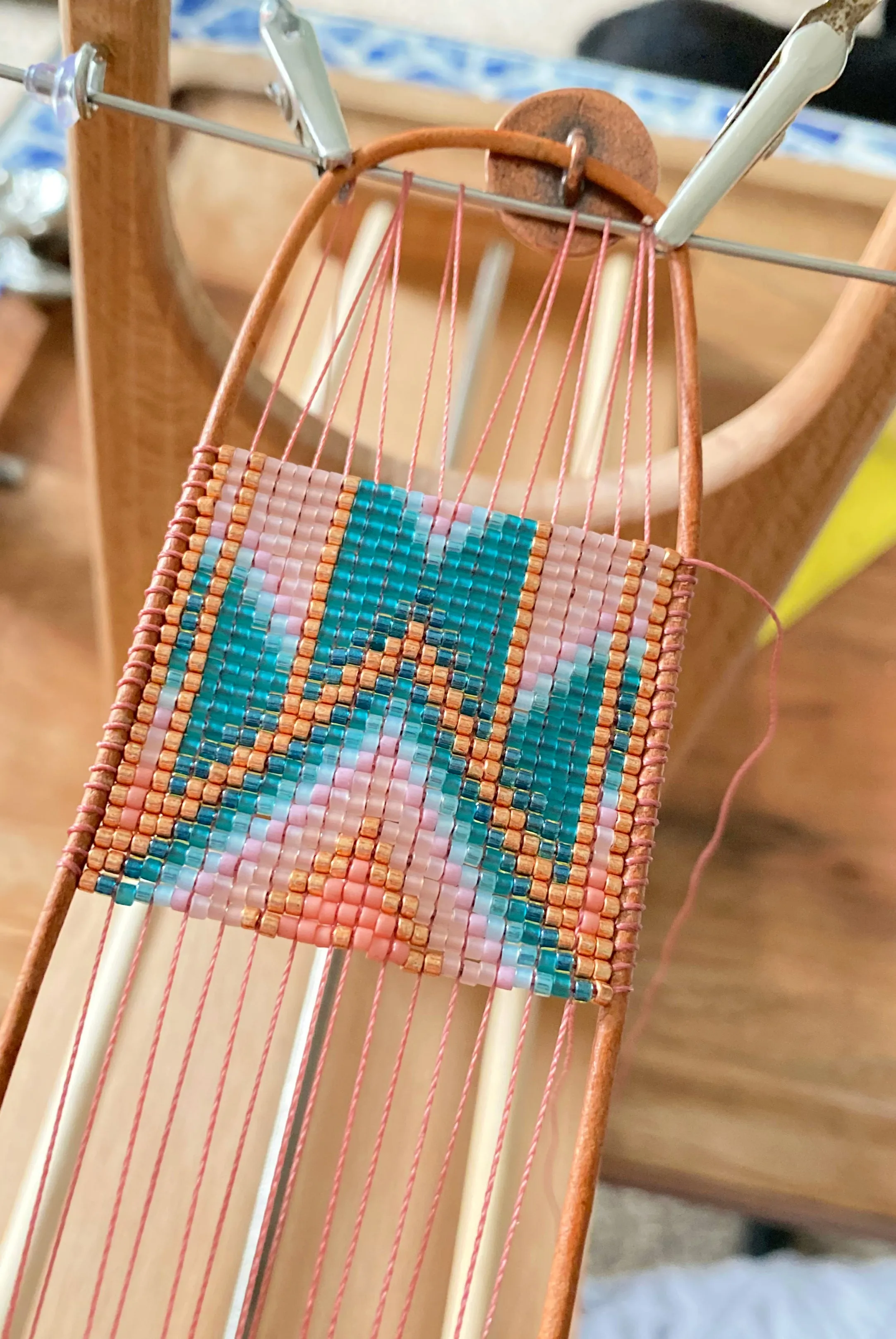 Blush and Teal Southwestern Bead Loom Woven Wide Beaded Cuff Bracelet