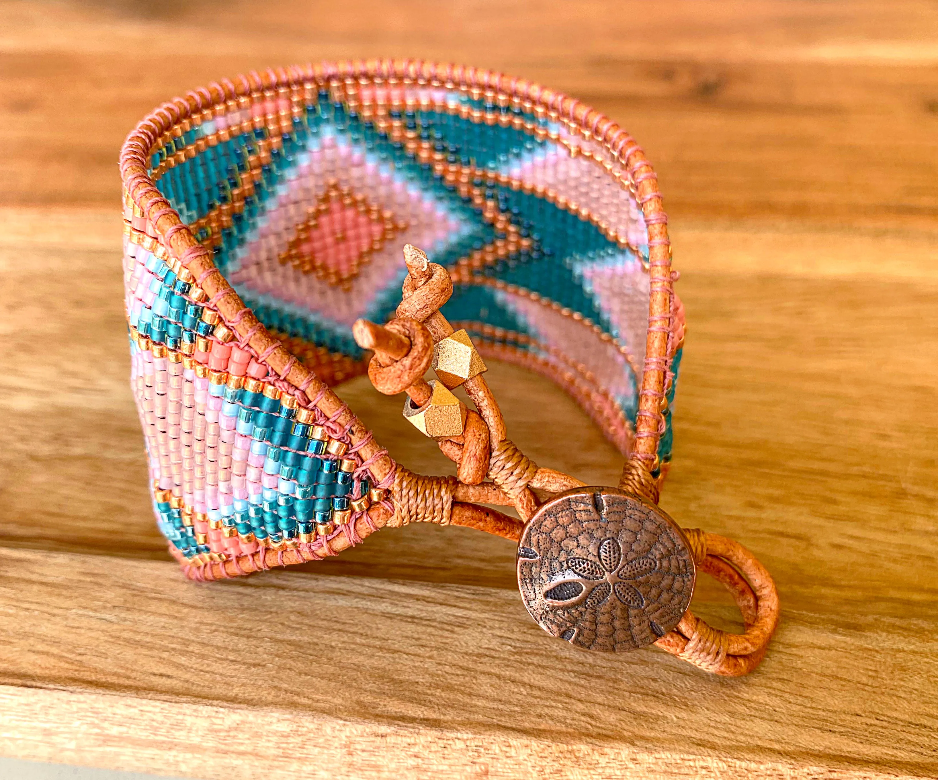 Blush and Teal Southwestern Bead Loom Woven Wide Beaded Cuff Bracelet